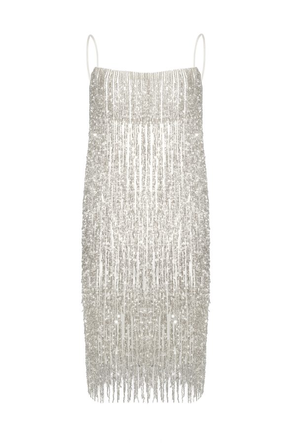 Vestido flecos blanco perlado perla Crystal white dress